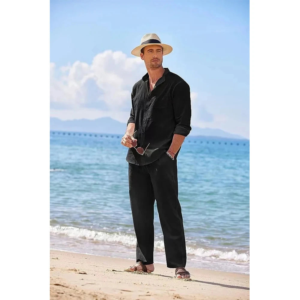 Mens Casual Cotton Linen Two Piece Sets