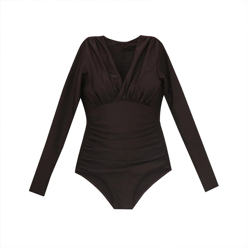 V Neck  Long Sleeve One Piece Swimsuit