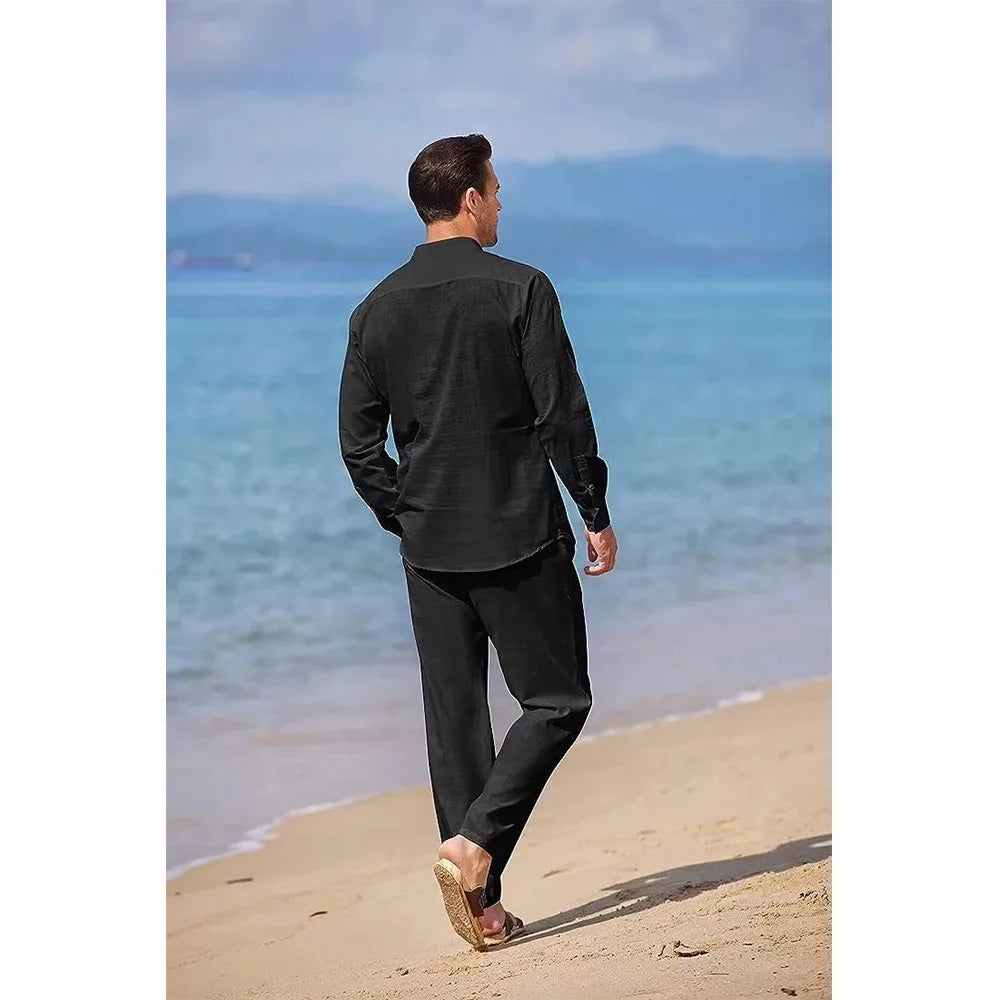 Mens Casual Cotton Linen Two Piece Sets