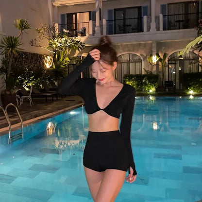 High Waist  Long Sleeve Black Bathing Suits