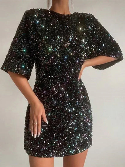 Fashion Sequin O Neck Mini Dress